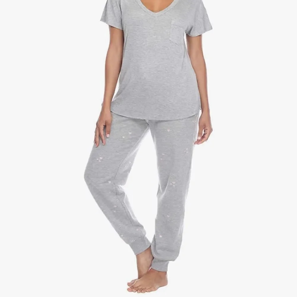 Honeydew Women’s Lounge 2-Piece Gray with Pink Hearts PJs Size Medium
